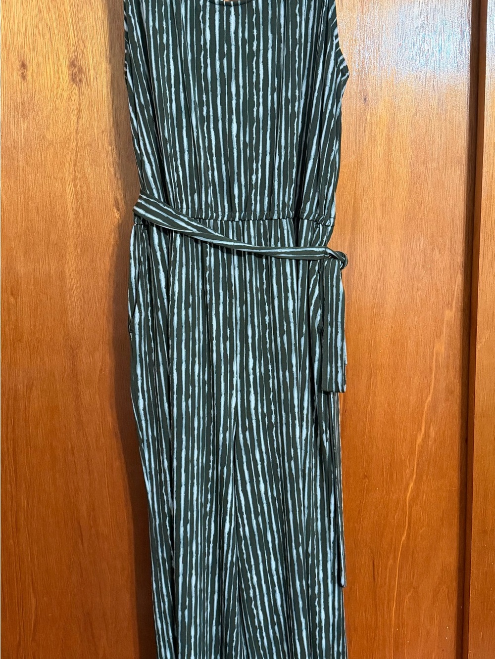 Striped Sleeveless Belted Jumpsuit with Pockets in Green and White Large